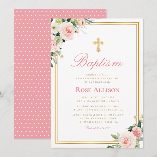 encantadora invitación al bautismo floral de marco (Anverso / Reverso)