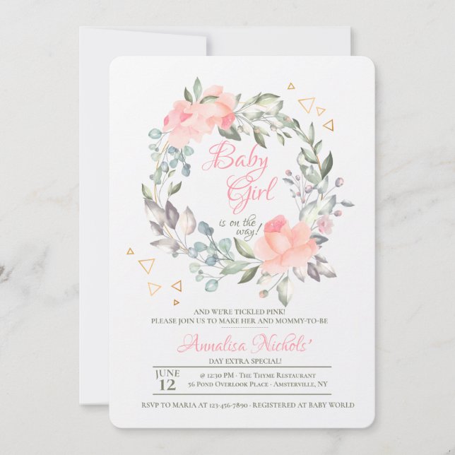 Encantadora invitación Baby Shower Chica de Wreath (Anverso)