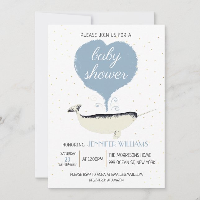Encantadora invitación de Baby Shower a Narwhal Wh (Anverso)