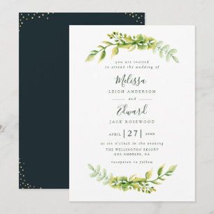 encantadora invitación de boda verde follaje