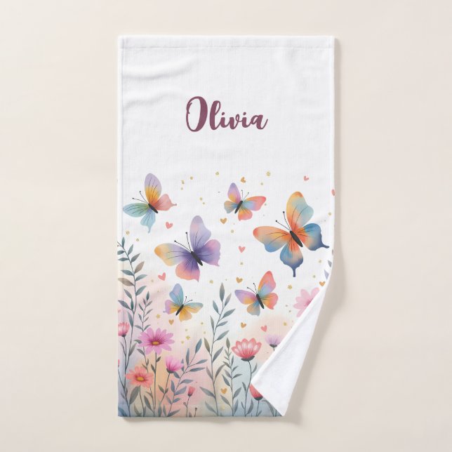 Encantadora pradera de mariposas al acuarela (Toalla de mano)