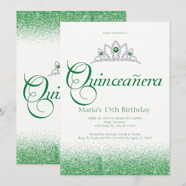 Encantadoras invitaciones a la Quinceañera Esmeral (Anverso / Reverso)