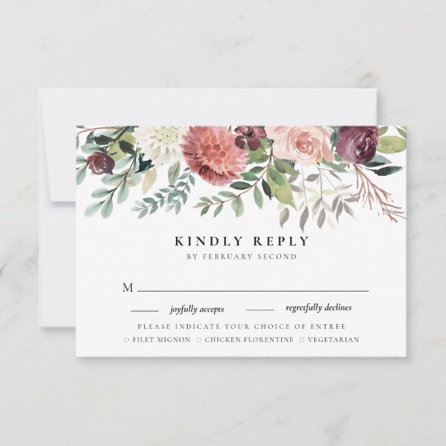 Encanto rústico Burgundy Boda Floral Rosa RSVP (Anverso)