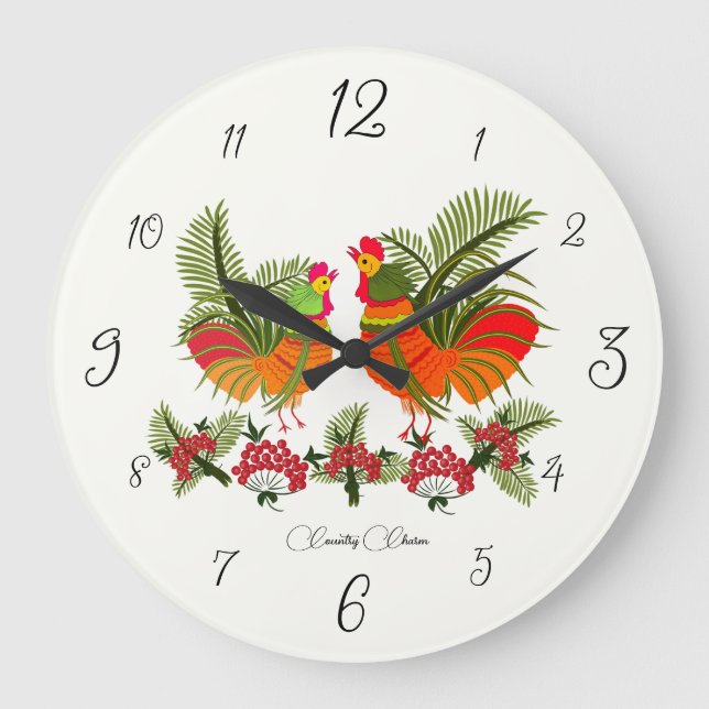 Encanto Rústico – Reloj de Pared de Gallo y Gallin (Anverso)