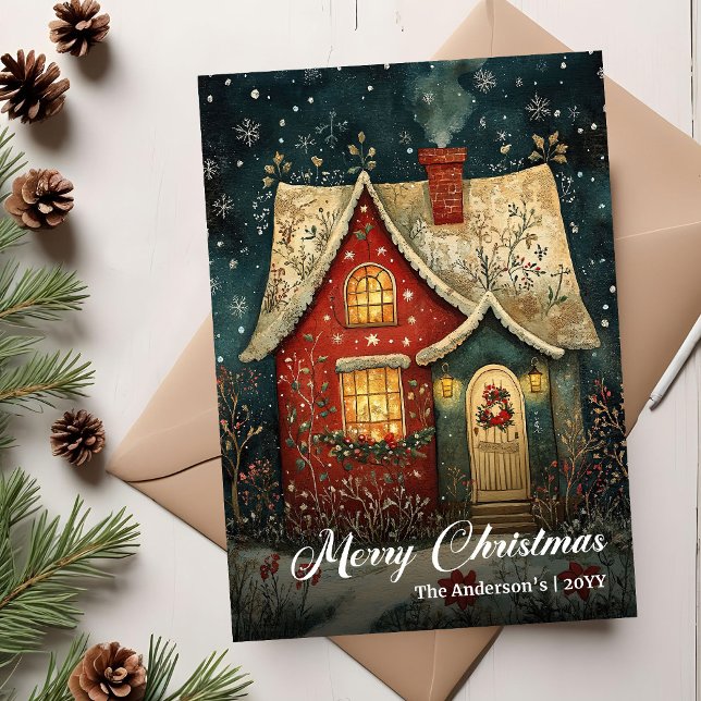 Encantosa tarjeta digital de casa de Navidad vinta (Charming vintage Christmas house card digital joy)