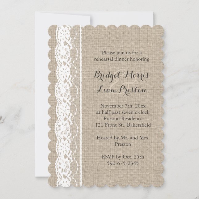 Encendido en blanco en el ensayo Burlap Invitación (Anverso)