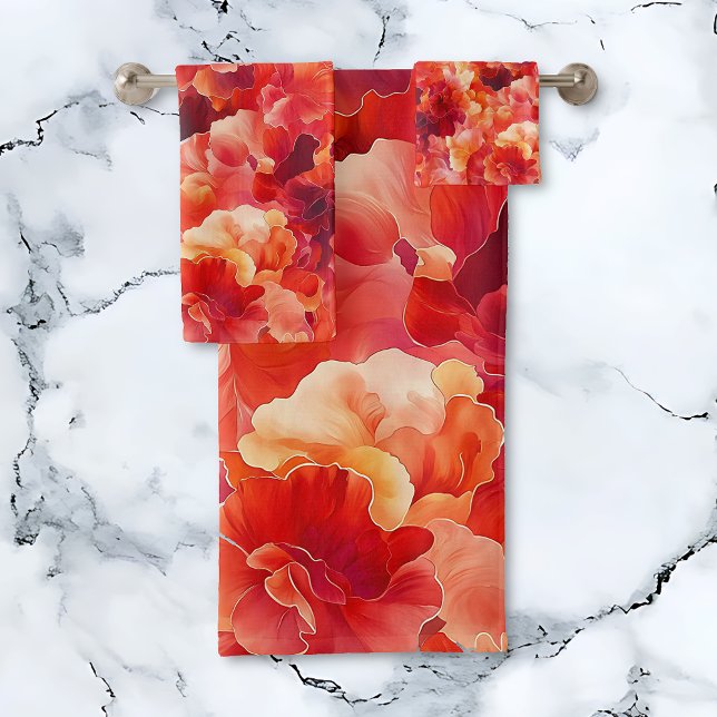 Encendido floral abstracto (Abstract Floral Ignition towel set.  Orange, coral, red, floral towels.)