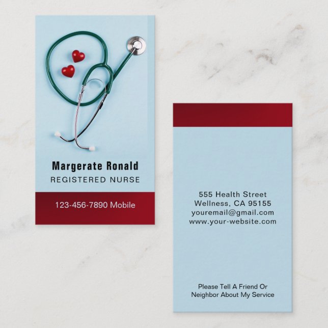 Enfermera RN, LVN, LPN, tarjeta de visita de cuida (Anverso / Reverso)