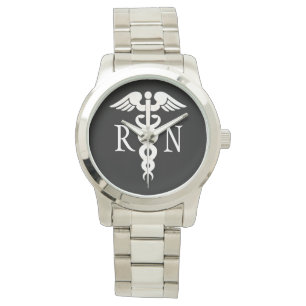 Enfermera RN White Caduceus Reloj de plata para mu