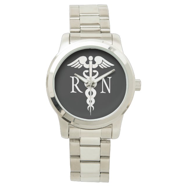 Enfermera RN White Caduceus Reloj de plata para mu (Anverso)