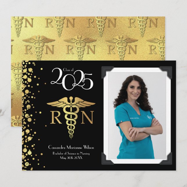 Enfermería Invitación de graduación de oro negro (Anverso / Reverso)