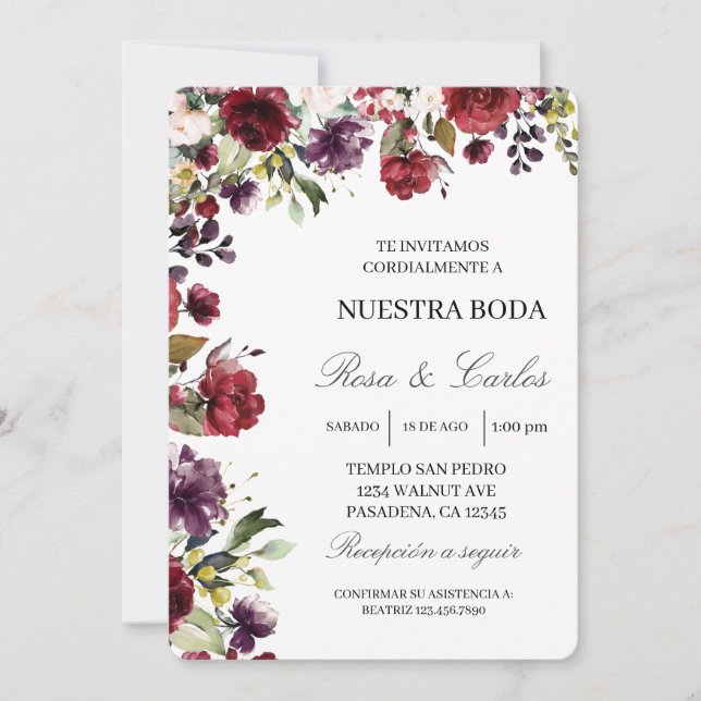 Enfoque floral de Borgoña Invitación a la boda esp (Anverso)