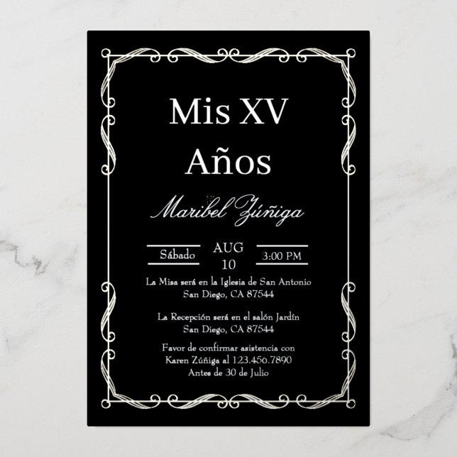 Enfoque plateado Invitación a Quinceanera (Anverso)