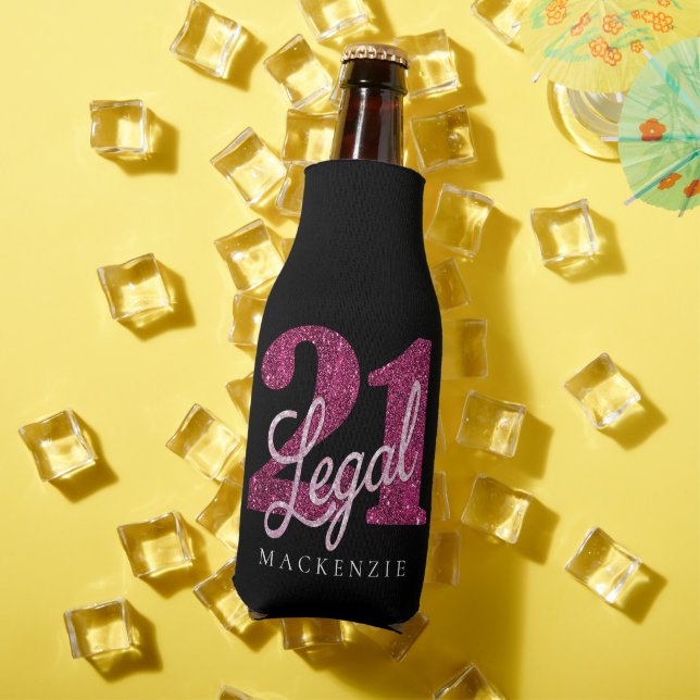Enfriador De Botellas 21 y legal | Fun Pink Faux Purpurina 21 cumpleaños (Verano in situ)