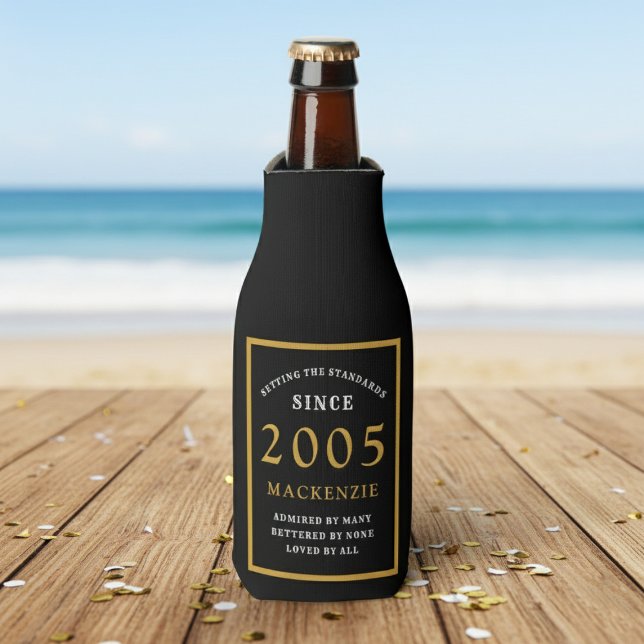 Enfriador De Botellas 21st Birthday 2005 Name Elegant Chic Black Gold (Born 2005 bottle cooler. Beach background.)