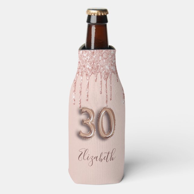 Enfriador De Botellas 30 cumpleaños rosa oro sonrojo purpurina goteo nom (Frente de la botella)