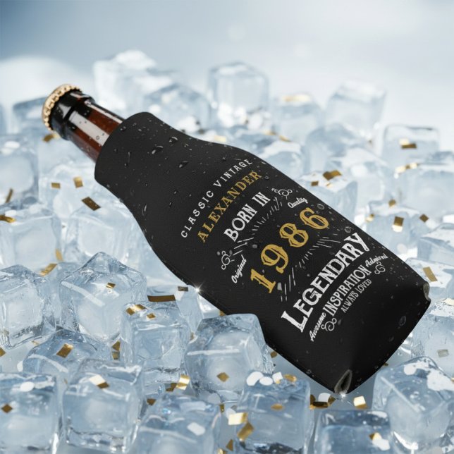 Enfriador De Botellas 40th Birthday 1986 Name Legend Chic Black Gold (Born 1986 bottle cooler on ice.)