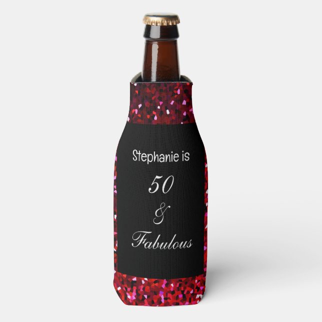 Enfriador De Botellas 50 Fabuloso Purpurina Cumpleaños Borgoña Rosa Rojo (Frente de la botella)