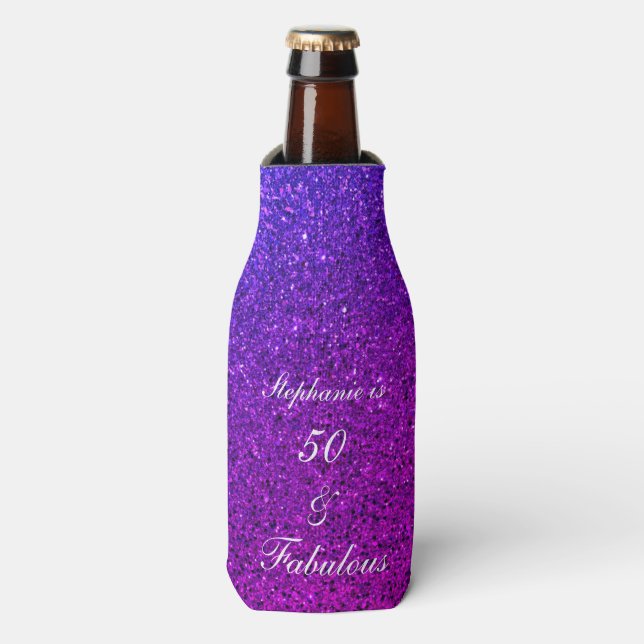 Enfriador De Botellas 50 Y Fabuloso Cumpleaños Ombre Purpurina Púrpura R (Frente de la botella)