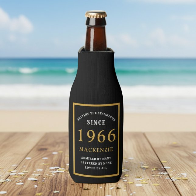Enfriador De Botellas 60th Birthday 1966 Name Elegant Chic Black Gold (Born 1966 bottle cooler. Beach background.)