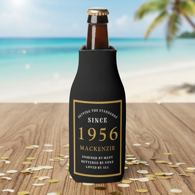 Enfriador De Botellas 70th Birthday 1956 Name Elegant Chic Black Gold (Born 1956 bottle cooler. Beach background)