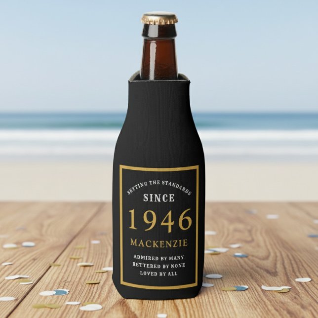 Enfriador De Botellas 80th Birthday 1946 Name Elegant Chic Black Gold (Born 1946 bottle cooler. Beach background.)