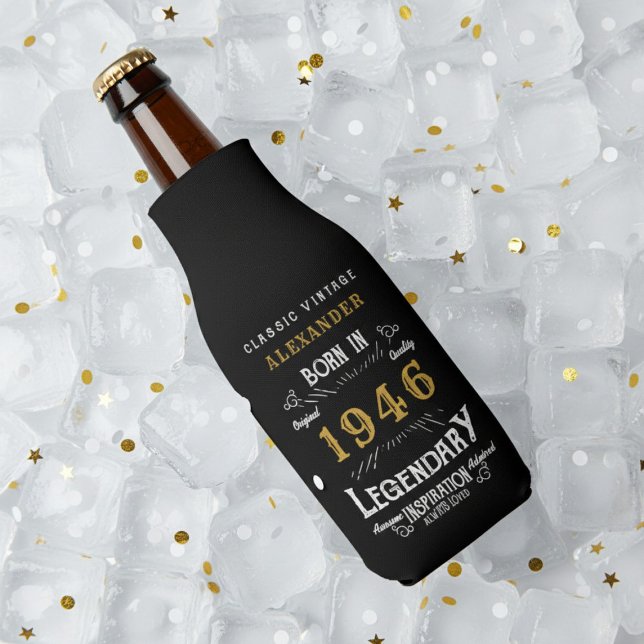 Enfriador De Botellas 80th Birthday 1946 Name Legend Chic Black Gold (Born 1946 bottle cooler on ice.)