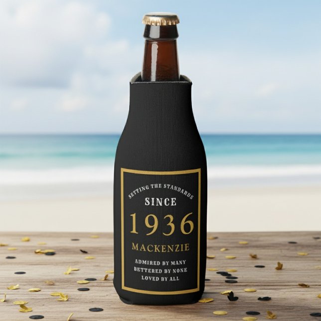 Enfriador De Botellas 90th Birthday 1936 Name Elegant Chic Black Gold (Born 1936 bottle cooler. Beach background.)