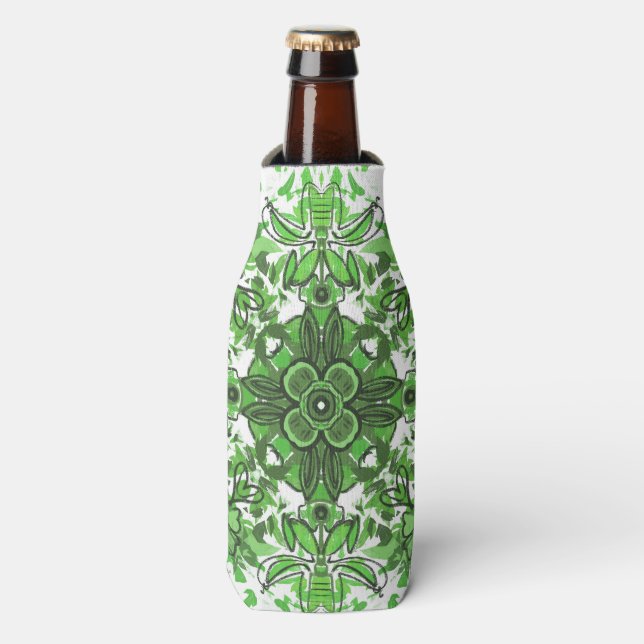 Enfriador De Botellas Abstract Floral Pattern In Black Green On White (Frente de la botella)