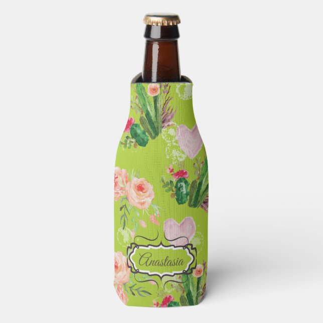Enfriador De Botellas Acuarela floral Cactus personalizado (Frente de la botella)