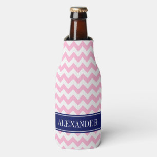 Enfriador De Botellas Algodón de Azúcar Rosa Blanco Chevron Azul Marino 