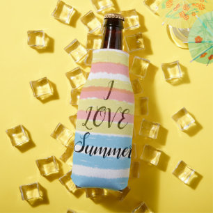 Enfriador De Botellas Amo el verano Rayas de acuarela rosa amarillo azul