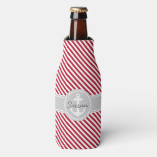 Enfriador De Botellas Ancla náutica con rayas rojas y grises y monograma