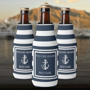 Enfriador De Botellas Ancla Náutica Nombre del Barco Azul Marino Rayado