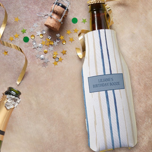 Enfriador De Botellas Azul costero y rayas de arena personalizadas (Personalized Cooler from my Floral Number Birthday Party Collection)
