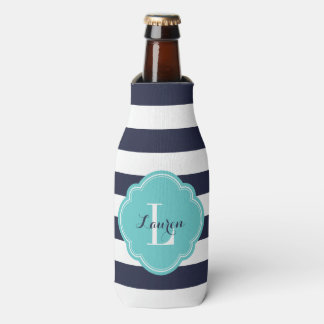 Enfriador De Botellas Azul Marino y Turquesa Rayas Monograma Preppy