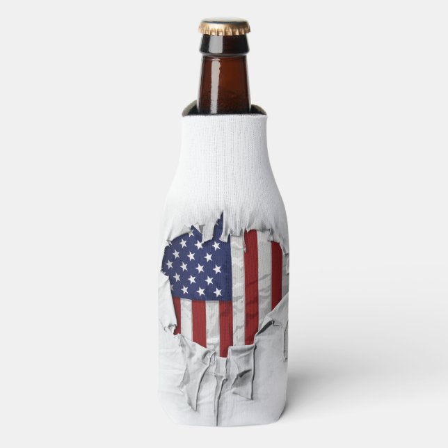Enfriador De Botellas Bandera estadounidense rota, arrancada y rota (Frente de la botella)