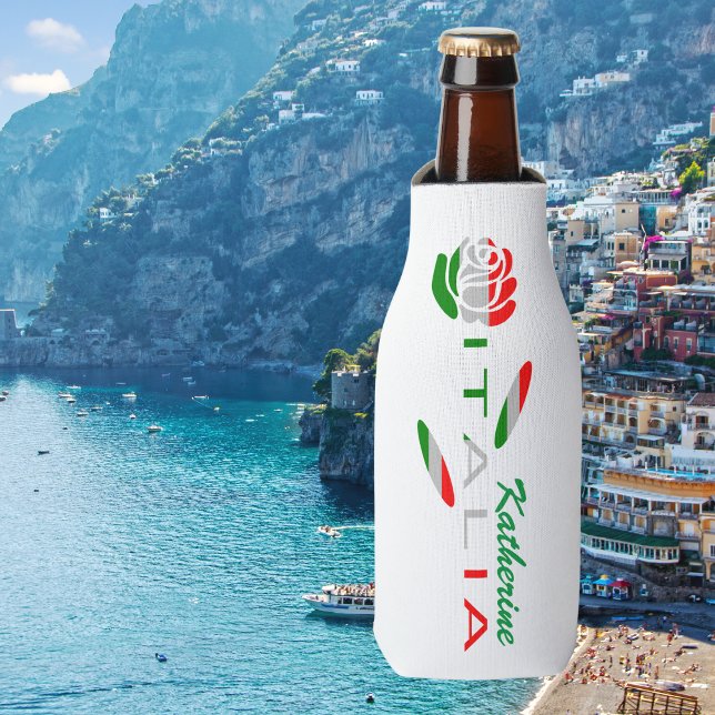 Enfriador De Botellas Bandiera d'Italia Rosa Personalizada (Personalized bottle cooler wirh rose and ITALIA for stem in colors of the Italian flag.)