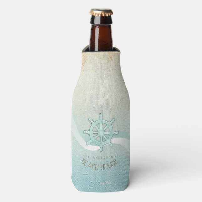 Enfriador De Botellas Beach House Nautical Boat Helm Aqua Blue ID623 (Frente de la botella)