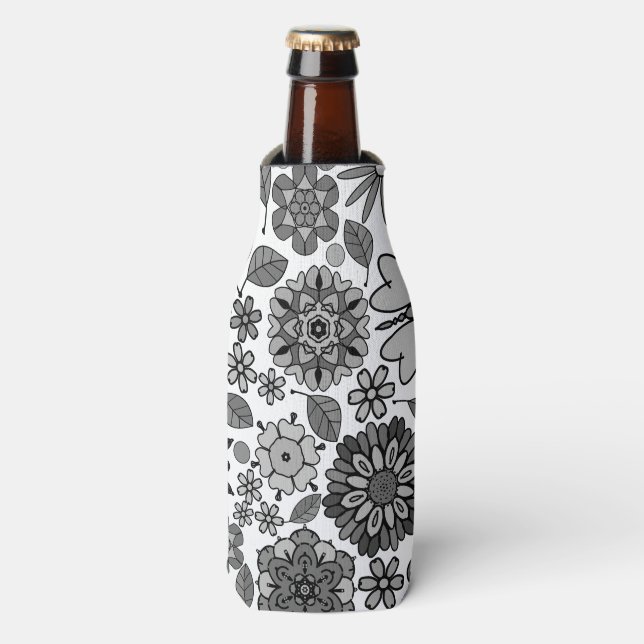 Enfriador De Botellas Black Gray White Retro Floral Art Seamless Pattern (Frente de la botella)