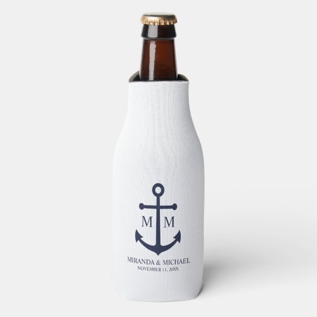 Enfriador De Botellas Boda Ancla Azul Marítimo (Frente de la botella)