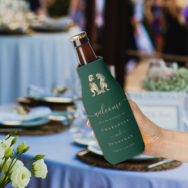 Enfriador De Botellas Boda del tema de los dinosaurios Verde oscuro (Dinosaur wedding dark green custom beer bottle cooler funny T-Rex Jurassic dino bride and groom )