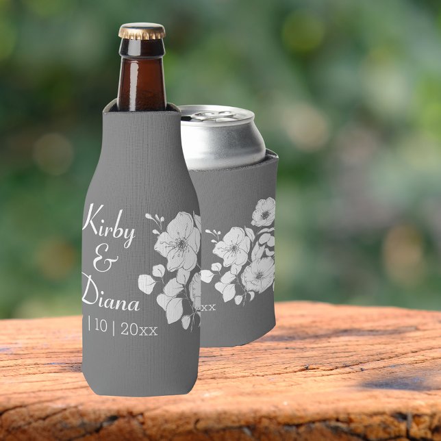 Enfriador De Botellas Boda floral blanco y gris bonito (Available for bottles, standard can and seltzer cans! Great wedding party gift idea)
