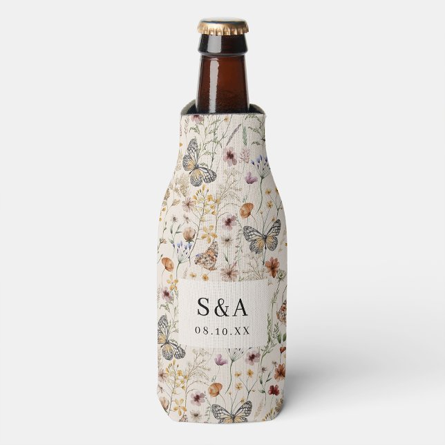 Enfriador De Botellas Boda floral boho (Tan Wildflower with Butterflies Boho Floral Wedding Bottle Cooler by Painted Paperie
)