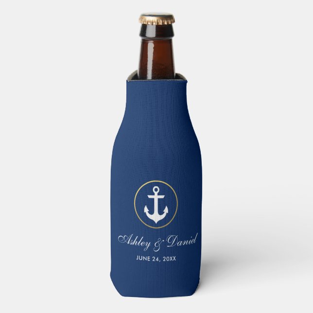 Enfriador De Botellas Boda Náutico Marina Oro Azul (Frente de la botella)