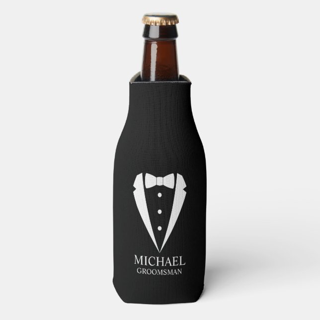 Enfriador De Botellas Boda negro Tuxedo Suit Groomsmen personalizado (Frente de la botella)