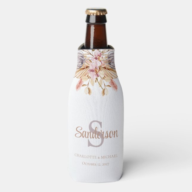 Enfriador De Botellas Boda personalizada de Pampas Grass Boho Floral (Frente de la botella)