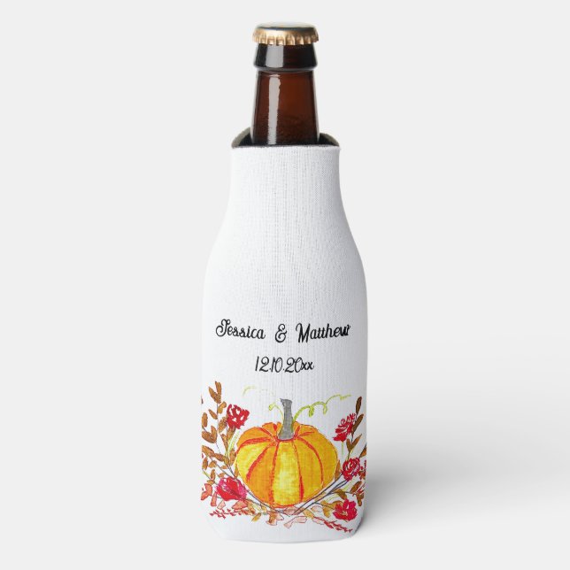 Enfriador De Botellas Calabaza de otoño deja Boda acuarela (Frente de la botella)