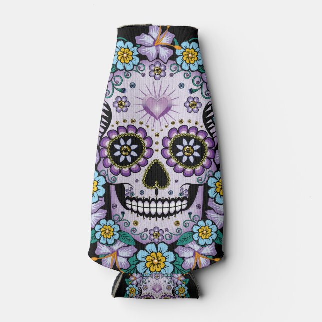 Enfriador De Botellas Calavera de azúcar morado con flores (Anverso)