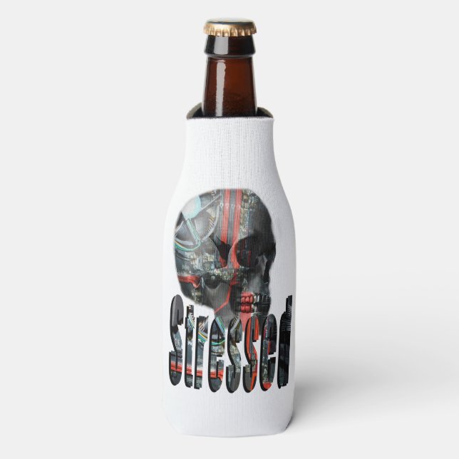 Enfriador De Botellas Calavera Estresada Llena De Cerebros Informáticos, (Frente de la botella)